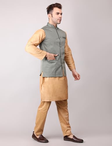 Image of Men's Cotton Silk Blend Regular Kurta Pyjama, Embroidered Nehru Jacket /Waistcoat Set