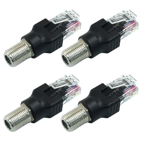 Jiozermi 4 Pcs RF to RJ45 Converter Adapter，Coaxial to Ethernet Adapter Coax Rf F Female to RJ45 Male Converter for Line Tester(Black)