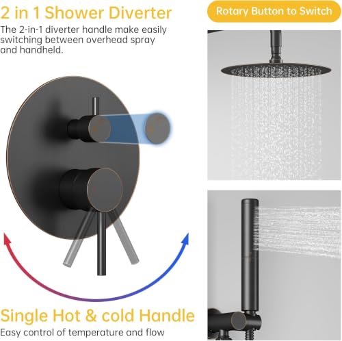 Image of BESy Shower System with 10 Inch Round Rain Shower Head and Handheld Wall Mounted, High Pressure Rainfall Heads Shower Faucet Fixture Combo Set with 2 in 1 Spray Showerhead for Bathroom, Bronze