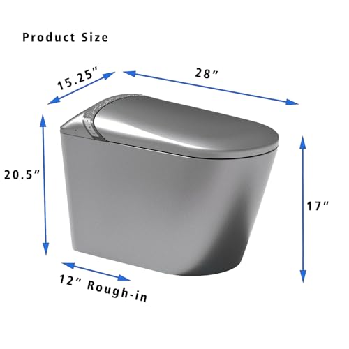 Inodoro inteligente con bidé, asiento de apertura/cierre automático y sensor de pie, descarga de 1.28 GPF, asiento calefactable, secador de aire cálido, luz nocturna, para baño moderno, gris mate miniatura 4
