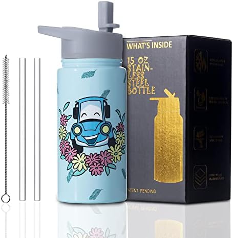Weboia Car Water Bottle Kids For School Insulated Cups Birthday Gifts For Boys Stainless Steel Yellow Car water Bottles with straw christmas gifts for Son 15 oz