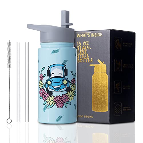 Weboia Car Water Bottle Kids For School Insulated Cups Birthday Gifts For Boys Stainless Steel Yellow Car Water Bottles With Straw Christmas Gifts For Son 15 Oz #TOP23
