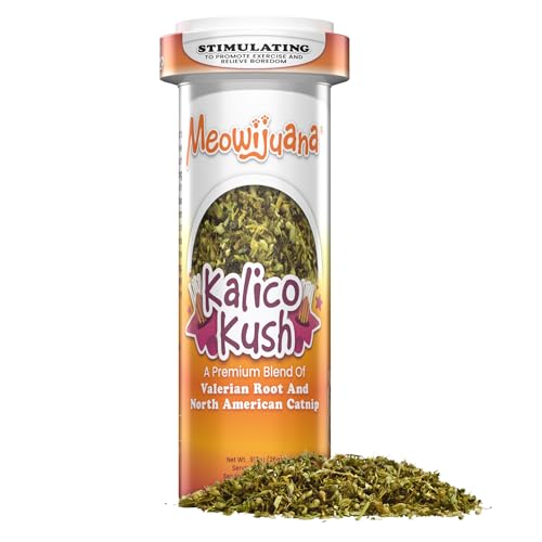 Meowijuana Good Vibes Kalico Kush | Valerian Root and Catnip Blend | Large Bottle High Potency Blend | Premium Hand Harvested North American Catnip