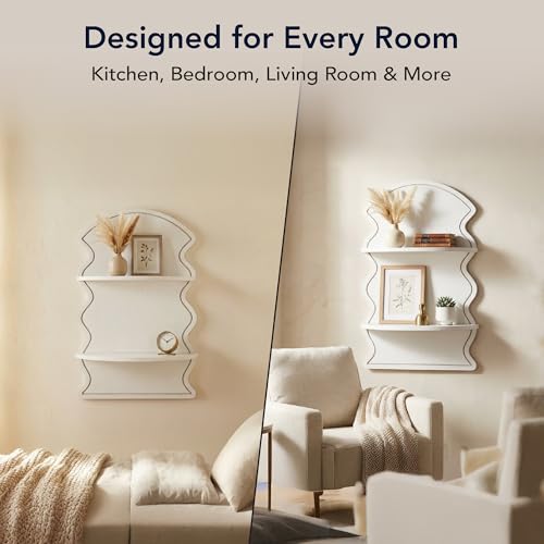 Image of American Art Decor White Wavy Arched Lunar Ledges Wall Shelf, Wooden 2-Tier Floating Bookshelf for Wall, Carved Fluted Arch Display Shelf for Bedroom Bathroom Kitchen Living Room Decor, 14 inch x 24 inch