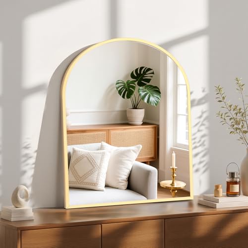 Image of Sweetcrispy 31 inchx32 inch Arched Gold Bathroom Mirrors for Wall, Bathroom Mirrors for Over Sink, Metal Framed with HD Shatter-Proof Glass for Entryway, Living Room, Bedroom