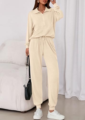Image of PRETTYGARDEN Women 2 Piece Ribbed Knit Matching Lounge Sets | Comfy Sweat Track Suits, Athleisure Casual Outfit, Half Zip Sweatshirt & Jogger Pants, Fall Winter Clothes for Airport Travel
