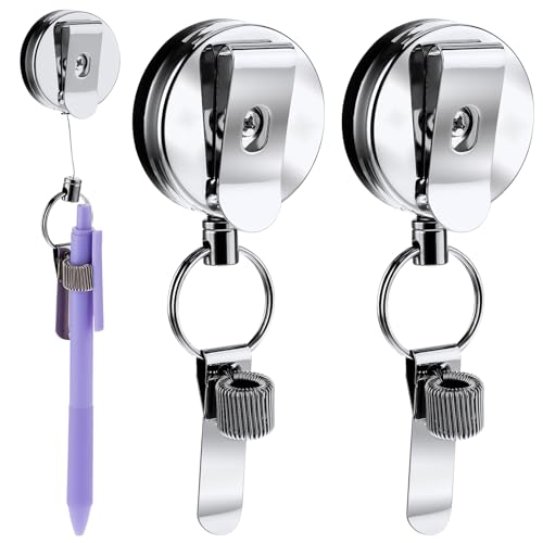 ASTER 2 Pcs Retractable Pull Pen Pencil Holder, 27.5'' Heavy Duty Universal Retractable Pen Holder for Lanyard, Badge Reel Pen Clip with Belt Clip Key Ring for Carpenters Mechanics Nurses Architects