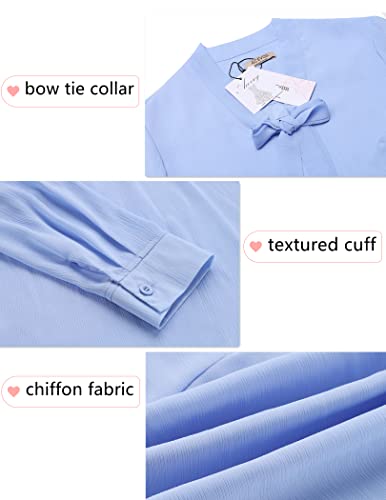 Acevog Chiffon Blouses Womens Long Sleeve Collared Work Blouse With Tie (Light Blue, Large) #TOP4