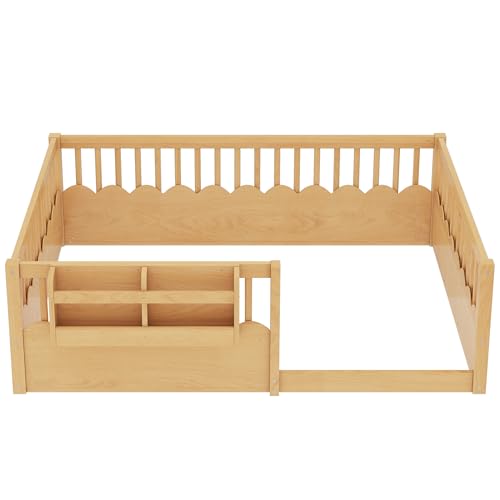 Image of Bellemave Full Size Kids Montessori Floor Bed,Solid Wood Floor Bed Frame with Bookshelf and High Fence for Kids,Girls,Boys,Natural