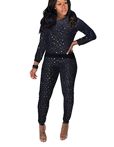 Women Sexy 2 Piece Outfit Glitter Long Sleeve Crewneck Blouse Top Slim Fit Pants Set