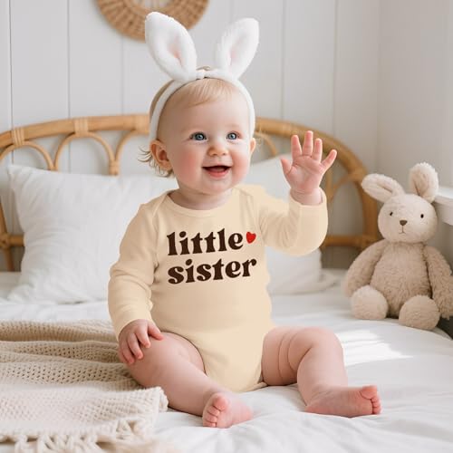 SOFEON Little Sister Onesie Bodysuit Baby Girl Long Sleeve Romper Newborn Little Sis Bodysuit Infant Sibling Outfits 0-18M4