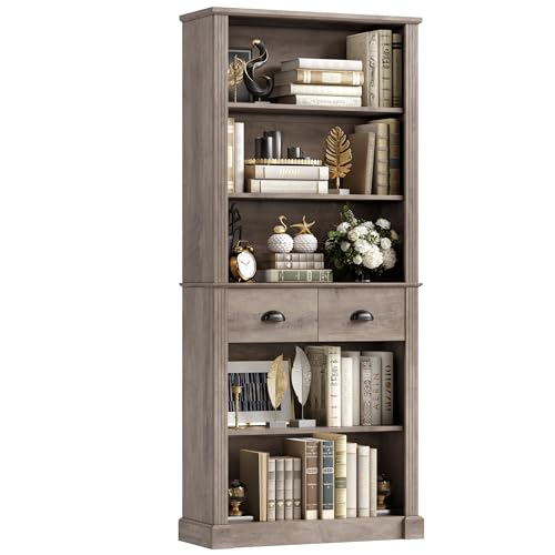 FACBOTALL 72" Farmhouse Bookshelf and Bookcase with Storage, Tall Bookshelf with Drawers, 5 Tier Book Shelf with Storage, Wood Display Shelves for Home Office, Study, Wash Gray
