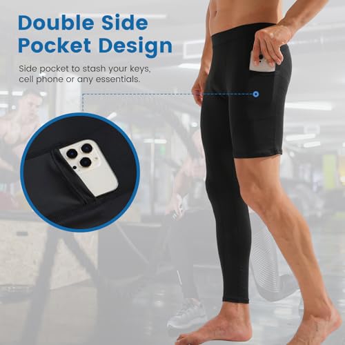 2 Pack Men's Compression Pants Single Leg Tight Sports Long Pants with Pockets for Basketball Base Layer Leggings3