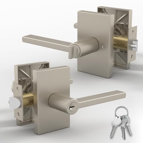 Image of Mega Handles Glamor Entry Lever & Lock Door Handle Set for Hallway, Closet and Bathroom, Heavy Duty Door Levers, Fits All Standard Door Sizes, Screws Included - Satin Nickel (1 Pack)