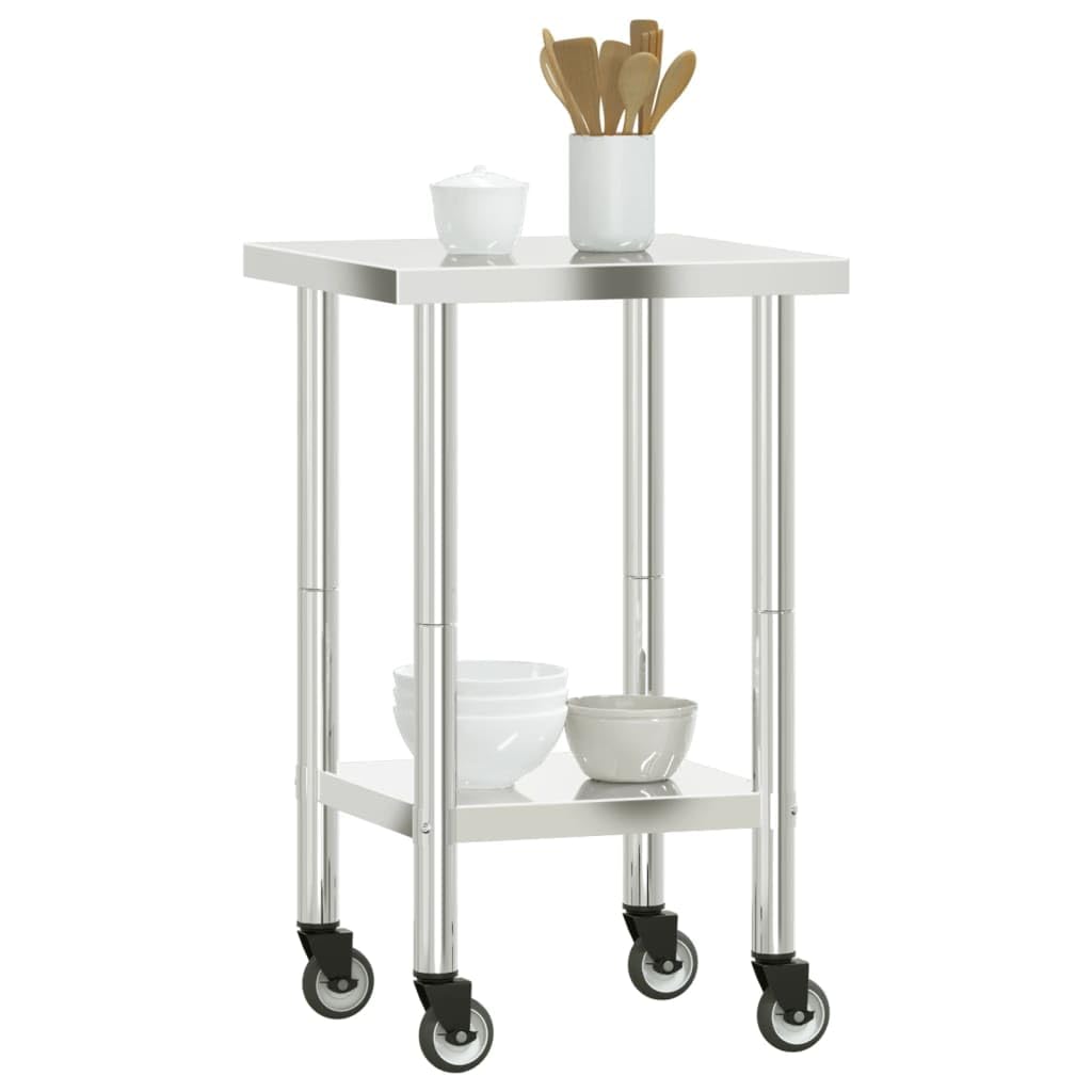 Mangloder - Tavolo da lavoro da cucina in acciaio inox con ruote, 55 x 55 x 85 cm, per gastronomia, ristorante, catering, snack, bar e hotel, tavolo da lavoro mobile con ripiano, resistente e facile