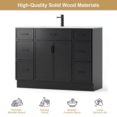 Image of 48 Inch Bathroom Vanity with Sink and Countertop, Modern Farmhouse Bathroom Vanity Cabinet with Soft Close Doors & 6 Drawers, Freestanding Single Sink Bathroom Storage Cabinet, Black