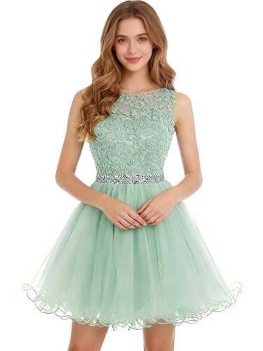 Image of Dydsz Women's Lace Applique Short Prom Dress A Line Tulle Homecoming Dresses Beaded Mini Graduation Party Dress