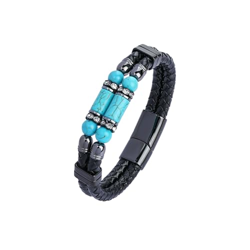 Mrcaois Mens Leather Turquoise Stone Bracelet8.5 Braided MultiLayer Stainless Steel Clasp Leather Bracelets Jewelry Box and Pouch Packing