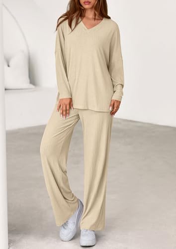 PRETTYGARDEN 2 Piece Lounge Sets for Women Fall Outfits 2025 Casual Loose Long Sleeve Tops Wide Leg Pants Matching Pajama Set