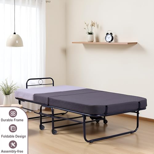 Image of Spacecrafts High-Density Recliner Folding Bed with Mattress | Portable Guest Bed, Space-Saving Lounge Cot | Compact Recliner Guest Bed | Metal Frame with Wheels (3 ft x 6.3 ft) (Brown & Ivory)