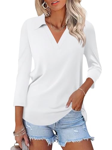 ORANDESIGNE Women's 3/4 Sleeves V Neck Polo Shirts Casual Summer Tops Basic Collar Cute Tees