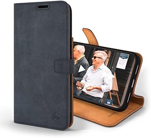 Snakehive iPhone 14 Pro Max Leather Case | Genuine Leather Wallet Phone Case with Card Holder | Flip Folio Case/Cover with Stand | Compatible with iPhone 14 Pro Max | (Navy)