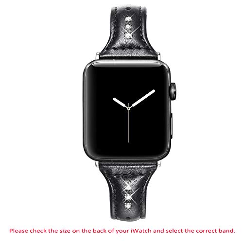 Secbolt Leather Bands Compatible With Apple Watch Band 38Mm 40Mm 41Mm Iwatch Se Series 8 7 6 5 4 3 2 1 Slim Replacement Wristband Strap Stainless Steel Buckle, Black With Rhinestone #TOP1