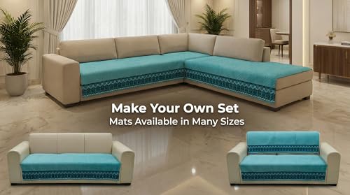 Image of Velvet Quilted Sofa Cover Mat Seat & Back, 2 Pc Arm, Arm L23in H32in, Italian Blue Color,Anti Skid Backing, 6in Hanging Strap Design, Washable Soft, Style -ItalianBlue-ARM2