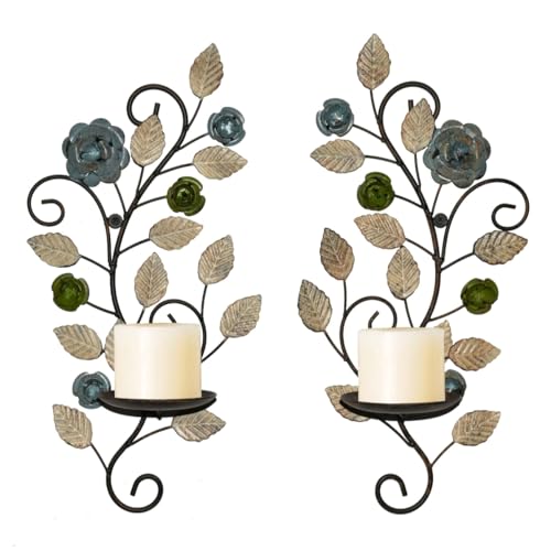 Metal Wall Candle Sconce Holders Set of 2, Rustic Leaf and Flower Branch Candle Holder Wall Decoration for Living Room Farmhouse Wedding Fireplace