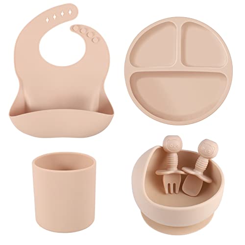 Image of Pimoys 6 Pack Silicone Baby Feeding Set Baby Led Weaning Supplies Suction Bowl Plate Bib Tiny Cup Toddler Dishes with Fork & Spoon, Baby Eating Utensils Microwave & Dishwasher Safe