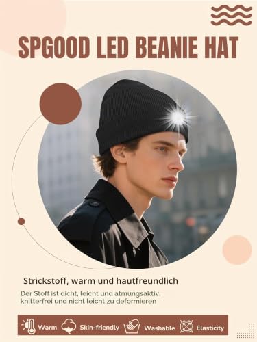SPGOOD LED Mütze Type-C aufladbar, Geschenk für Winter(Schwarz&Schwarz) – Ansicht 2