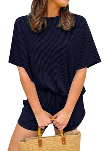 KIRUNDO Two Piece Sets for Women Dressy Casual Ribbed Knit Short Sleeve Top Matching Shorts Lounge Set 2026 Summer Outfits(Navy, X-Large)