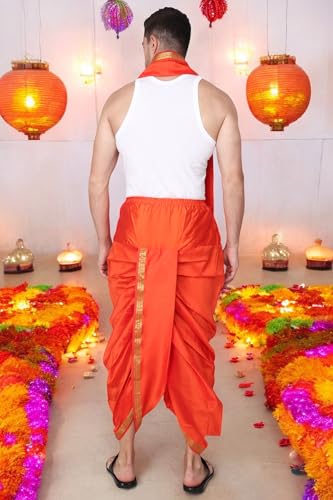 Image of Rameshwaram Fabrics Readymade Dhoti for Men, Velcro Style Stitched Mens Silk Dhoti Pant with Stole Set