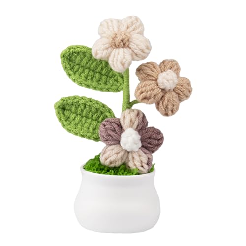 Knitting Crochet Puff Flowers Potted Plants, Gradient Colorful Fake Flowers