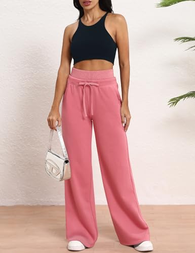 HeSaYep Calça de moletom feminina larga com cintura dupla e bolsos, rosa, M