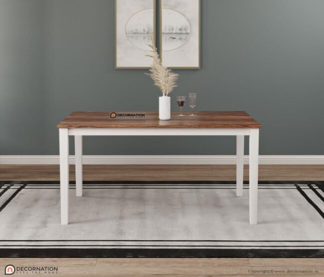 Image of DecorNation Avery Solid Wooden 6 Seater Dining Table Set with Chairs | White & Brown Finish | Glossy Top Rectangular Dining Table | Modern Dining Furniture for Home