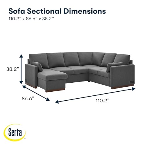 Image of Serta Emmett 110.2 inch Convertible Sleeper Sectional, Queen Size, Dreamcoil Comfort, Reversible Storage Chaise, USB-C and USB-A Power Ports, Woven Fabric, Charcoal
