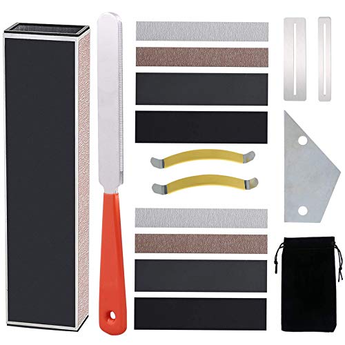 Guitar Luthier Tool Set Including Guitar Fret Crowning File, Fret Leveling Beam Sanding Leveler Beam, Fret Rocker, Fingerboard Guards, String Spreaders and Replacement Sanding Papers for Guitar Bass