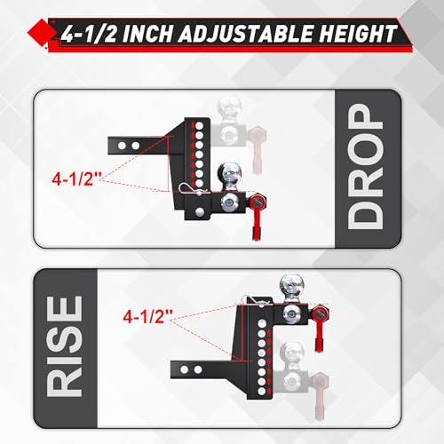 Image of TYT Adjustable Tri-Ball Trailer Hitch for 2 inch Receiver, 4.5 inch Drop /Rise, Triple Balls (1-7 /8 inch, 2 inch, 2-5 /16 inch) with Shackle, 10,000 lbs GTW, 1,000 lbs TW,Pin Lock & Hitch Tightener