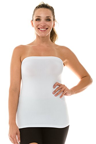 Kurve Women’s Strapless Tube Top – Plus Size Long Length Seamless Bandeau Stretch Sexy Cami Tops, UV Protective Fabric UPF 50+ (Made in USA) White