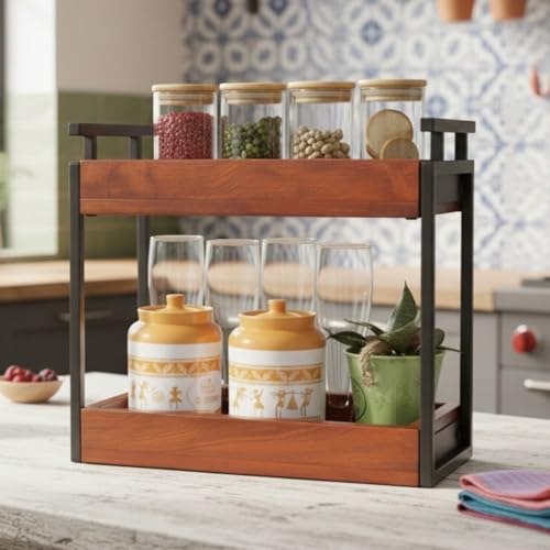 Image of Premium WoodMet Multipurpose kitchen wooden Rack |Iron Countertop Racks |Living Area Versatile Storage Shelf with 2 Compartments |Spice Rack Organizer|Makeup rack |Office shelf