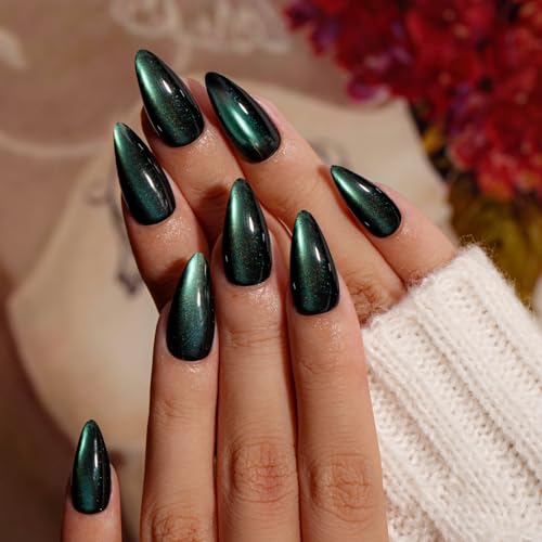 Cat Eye Press On Nails Almond, 30 Pcs Glitter Black Emerald Green Press On Nails Medium, Dark Sparkly Fake Nails With Glue, Reusable Chrome Glue on Nails Press ons for Women, Goth Style