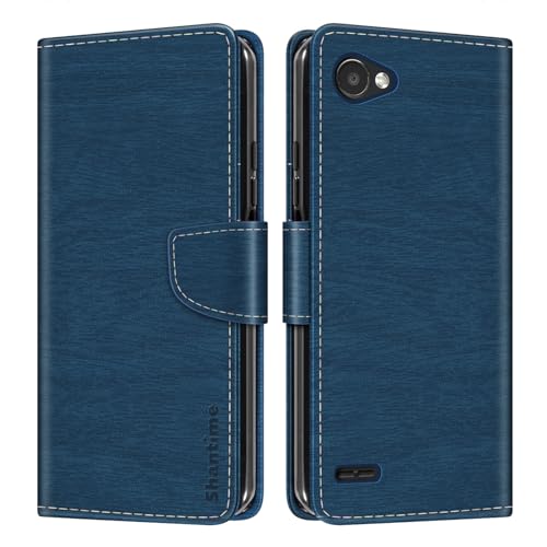 Shantime Funda Cartera de Cuero Compatible con LG Q6, Tapa de Color con Ranuras, Cierre Magnético Protección Completa(Azul)