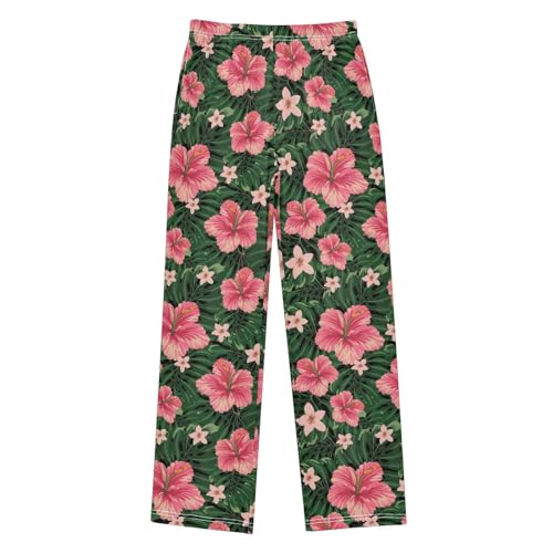 ZZXXB Pink Tropical Flowers Boys Long Pants Soft Trousers Elastic Waist Kids Lounge Bottoms with Pockets S-XL