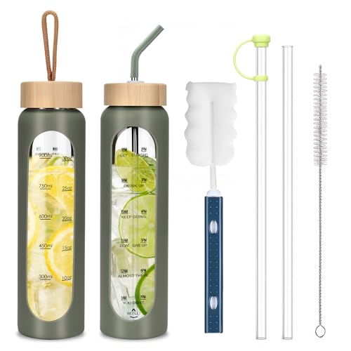 Botella de Agua de Vidrio,Botella 1 Litro Motivadora con Escala de Hidratación,A Prueba de Fugas y 2 Tapas Taza,Botellas de Vidrio Borosilicato con Funda de Silicona para Gym,Colegio,Oficina