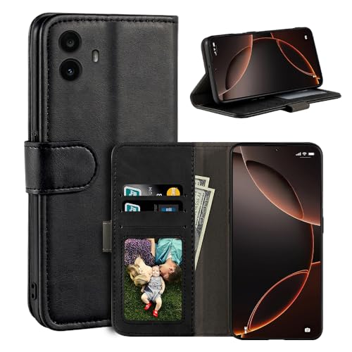 UOGNADGD レザーフリップカバー Nothing CMF Phone 1 との互換性あり カードスロット付きウォレットケース、マグネットクロージャー、キックスタンド、RFID耐衝撃フォリオ (ブラック)