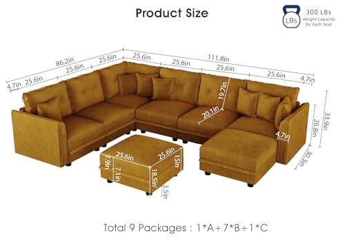 Image of LLappuil Modular Storage Sectional Sofa with Ottoman, U Shaped 8-Seat Corduroy Couch with 7 Throw Pillows, Convertible Sofa Set for Living Room, Skin-Friendly & Soft, Scratch Resistant, Yellow