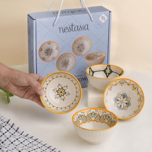 Image of Nestasia Ceramic Snack Bowl Set of 4 (300ml Each) - Dishwasher & Microwave Safe Bowls for Serving Soup, Rice, Dal, & Salad | Geometric Printed Bowls with Glossy Finish - Ideal for Gifting