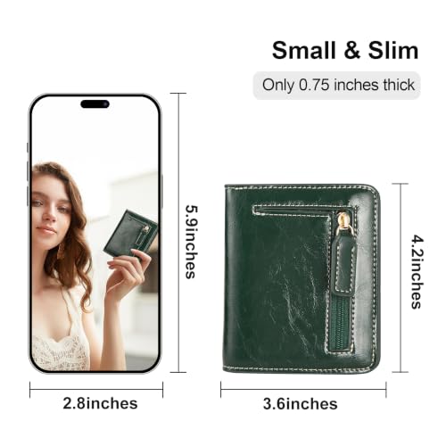 Image of Itslife Women's RFID Blocking Small Compact Bifold Waxed Leather Pocket Wallet Ladies Mini Purse with ID Window (Dark Green)