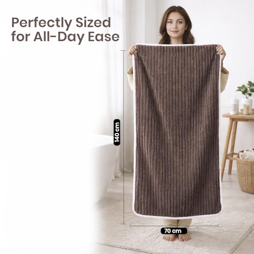 Image of MAXOSHINE Microfiber Towels for Bath-Stripes Bath Towel for Men and Women-Soft Coral Fleece Zero Twist Towel with Hook 400 GSM Quick Dry Super Absorbent-70 x 140 cm (1, Brown)